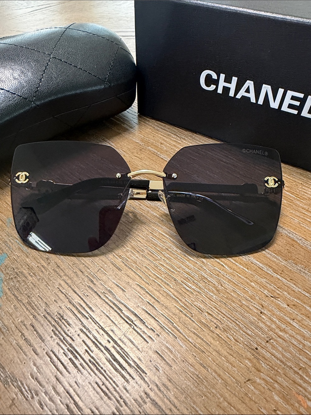 CHANEL Rimless Square Sunglasses in Black and Gold Accents - Picture 2 of 10